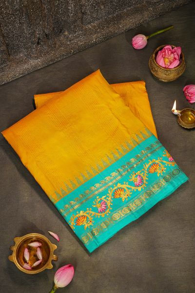 Gadwal Silk Yellow Saree With Checks Body And Contrast Tanjore Hand Printed Border