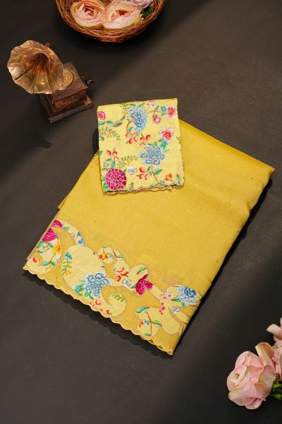 Fancy Kora Yellow Saree With Patch Work Border