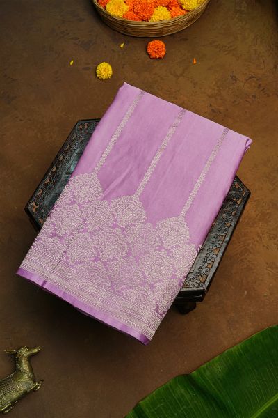 Banarasi Silk Lavender Saree With Zari Lines Body And Self Design Florals And Leaves With Diamonds Border