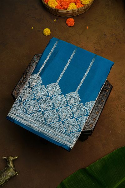 Banarasi Silk Royal Blue Saree With Zari Lines Body And Self Florals And Leaves Border