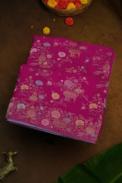 Banarasi Silk Jamdani Weaving Dark Pink Saree With Florals And Leaves Body And Self Florals And Leaves Border