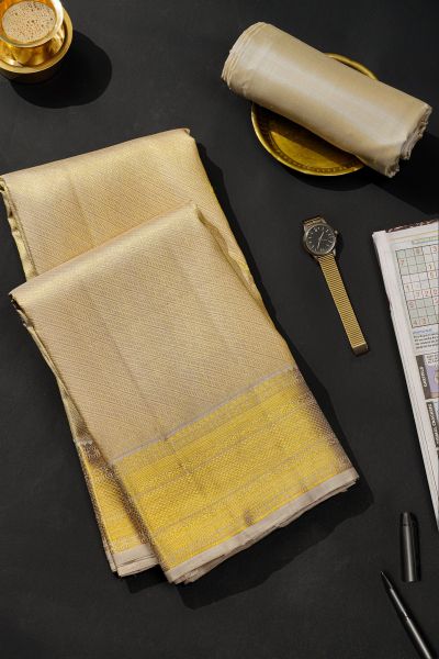 Kancheepuram Silk Cream Dhoti With Cross Lines And Buttis