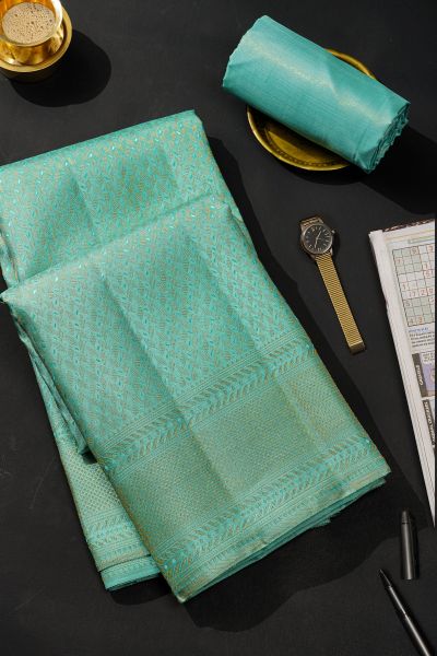 Kancheepuram Silk Sky Blue Rich Dhoti With Diamond Buttis