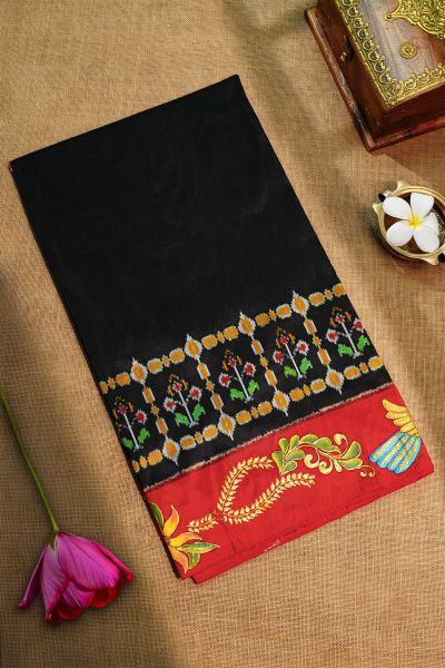 Fusion Silk Black Saree With Florals In Tanjore Hand Painted Border