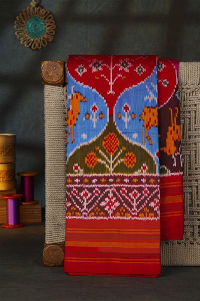 Pochampally Ikat Silk Multi-Colour Saree With Floral And Animal Body