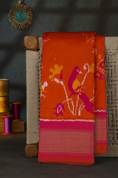 Pochampally Ikat Silk Orange Saree With Floral And Bird Motifs Body
