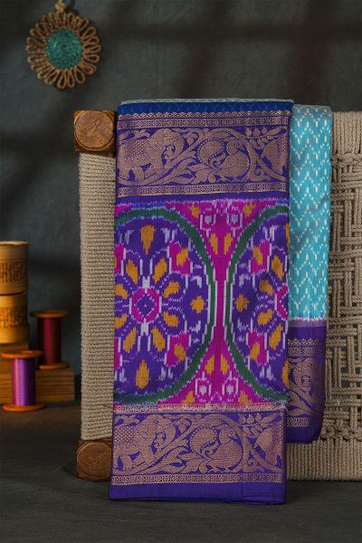 Pochampally Ikat Silk Sky Blue Saree With Peacock And Floral Border