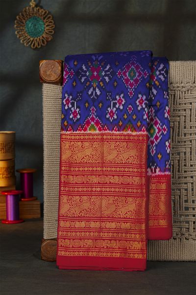 Pochampally Ikat Silk Royal Blue Saree With Floral And Peacock Border
