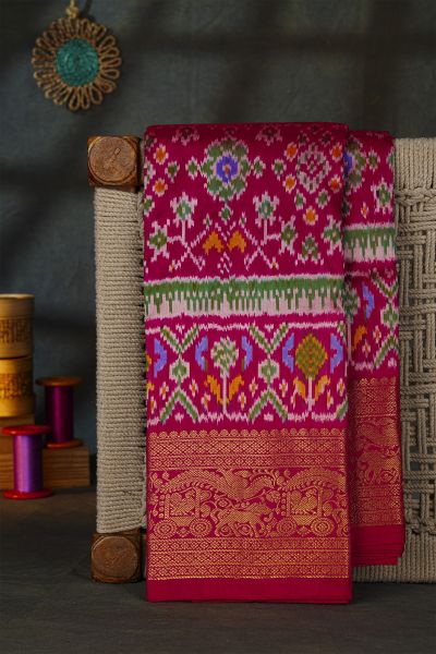 Pochampally Ikat Silk Rani Pink Saree With Floral And Animal Pallaki Border