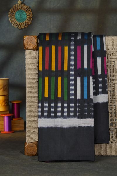 Pochampally Ikat Silk Black Saree With Multicolour Stripe Body