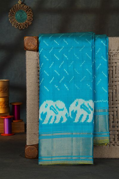 Pochampally Ikat Silk Sky Blue Saree With Diamonds In Zari Border