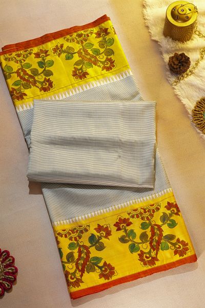 Kancheepuram Silk Off White Saree With Tanjore Hand-Painted Florals Border