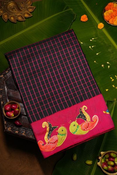 Gadwal Silk Black Hand-Painted Saree