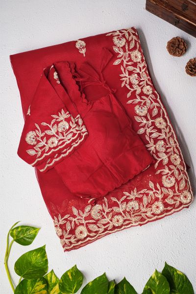 Designer Organza Red Saree