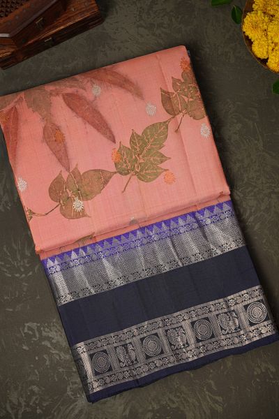 Kancheepuram Eco Print Silk Peach Saree