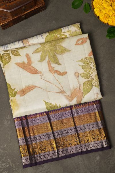 Kancheepuram Eco Print Silk Off White Saree