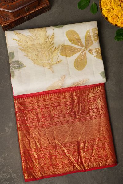 Kancheepuram Eco Print Silk Off White Saree