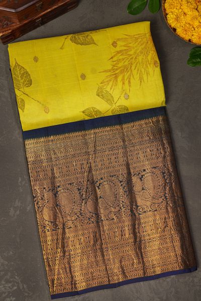 Kancheepuram Eco Print Silk Yellow Saree
