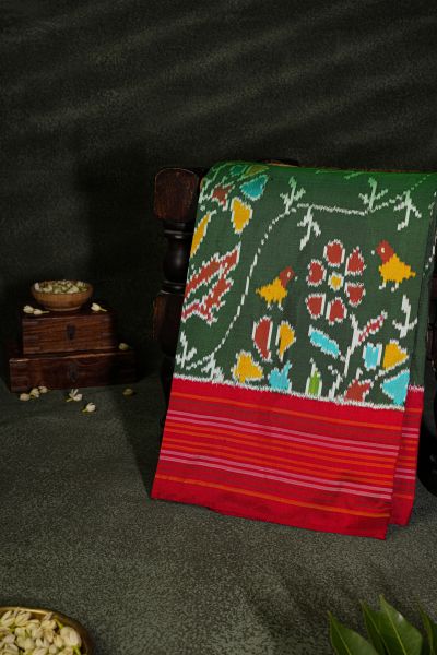 Ikat Silk Bottle Green Saree