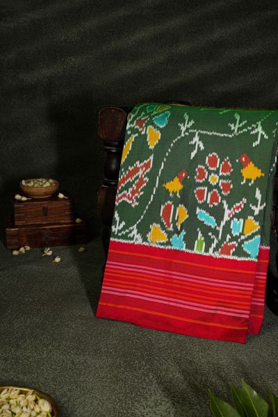 Ikat Silk Bottle Green Saree