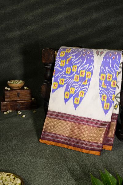 Ikat Silk Off White Saree