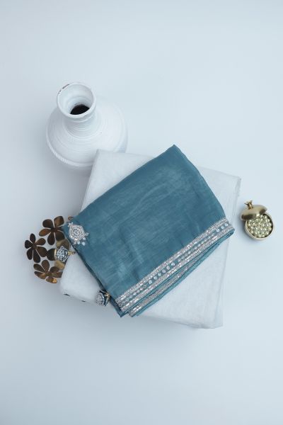 Designer Organza Teal Blue Saree