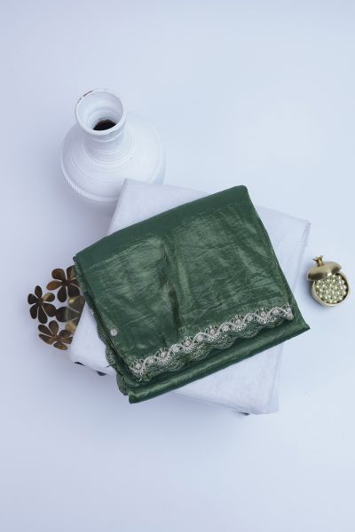 Designer Satin Organza Bottle Green Saree