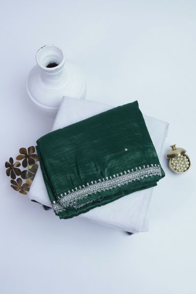 Designer Satin Organza Bottle Green Saree