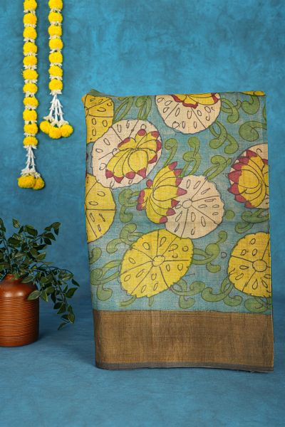 Kalamkari Tussar Blue Saree