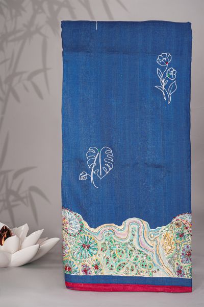 Designer Tussar Blue Saree