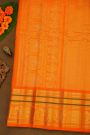 Gadwal Silk Peach Saree With Zari Checks Peacocks And Elephants Buttis Body