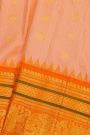 Gadwal Silk Peach Saree With Zari Checks Peacocks And Elephants Buttis Body