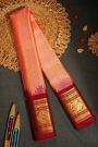 Gadwal Silk Peach Saree With Floral And Peacock In Checks Border