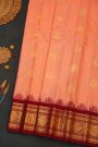 Gadwal Silk Peach Saree With Floral And Peacock In Checks Border