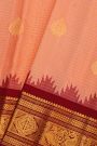 Gadwal Silk Peach Saree With Floral And Peacock In Checks Border