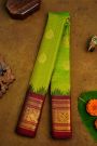 Gadwal Silk Leaf Green Saree With Florals And Peacock Contrast Border