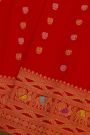 Gadwal Silk Red Saree With Peacocks And Elephants In Buttis Body