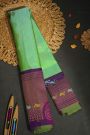 Gadwal Silk Lime Green Saree With Cross Lines Birds Zari Border