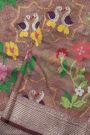 Zari Kota Cotton Lavender Saree With Florals And Swans In Meenakari
