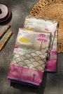 Zari Kota Cotton Dual Colour Saree With Florals And Swans In Meenakari Body