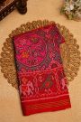 Patola Silk Red Saree With Florals And Leaves With Birds Body And Self Lines Border