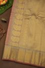 Gadwal Silk Peach Saree With Mango Paisleys Body And Rudraksha Buttis Contrast Border