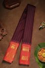 Gadwal Silk Wine Saree With Lines Body And Contrast Mango Paisley Border