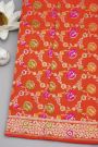 Banarasi Silk Red Saree With Florals And Leaves Jaal Self Border