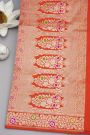 Banarasi Silk Red Saree With Florals And Leaves Jaal Self Border