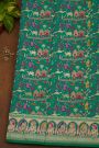 Banarasi Silk Sea Green Saree With Rural Village Landscape Theme