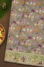 Banarasi Kora Grey Saree With Florals And Human Motifs Border