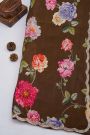 Designer Georgette Brown Saree With Florals And Diamonds With Kardhana Work Border