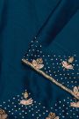 Designer Crepe Peacock Blue Saree With Florals And Diamonds With Kardhana Work Border
