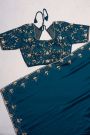 Designer Crepe Peacock Blue Saree With Florals And Diamonds With Kardhana Work Border